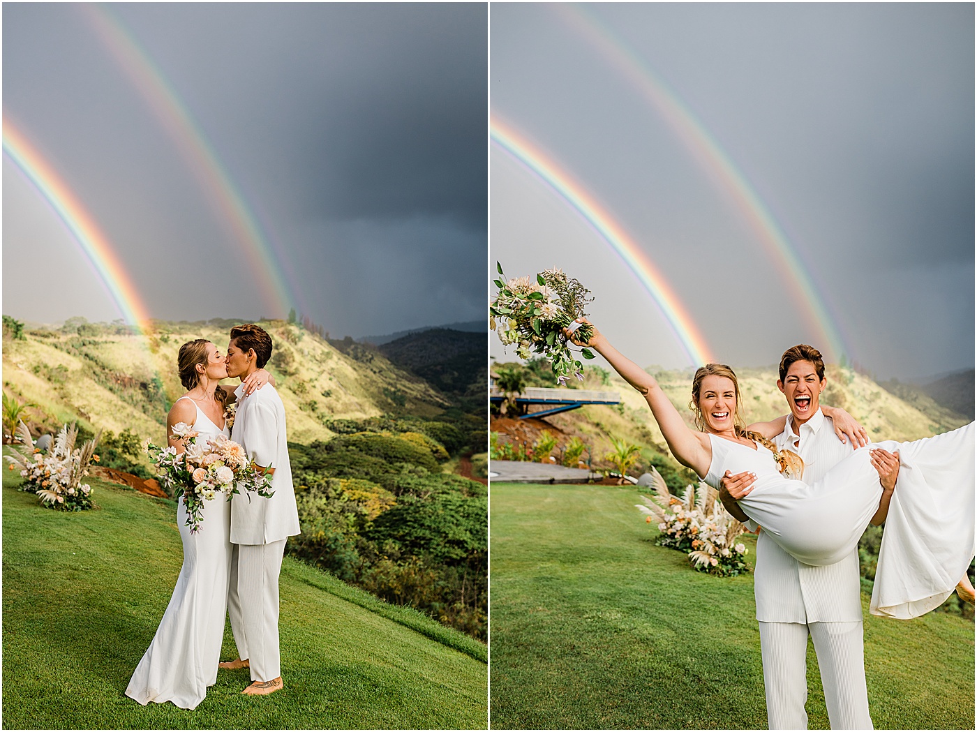 Brides celebrating under a rainbow in hawaii