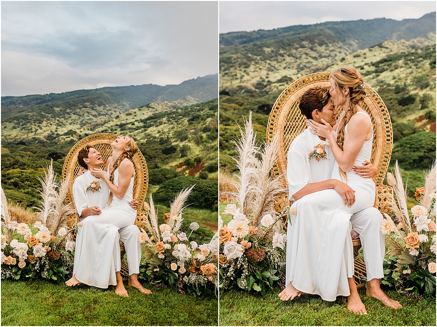 brides on peacock chair at kaala vista wedding venue