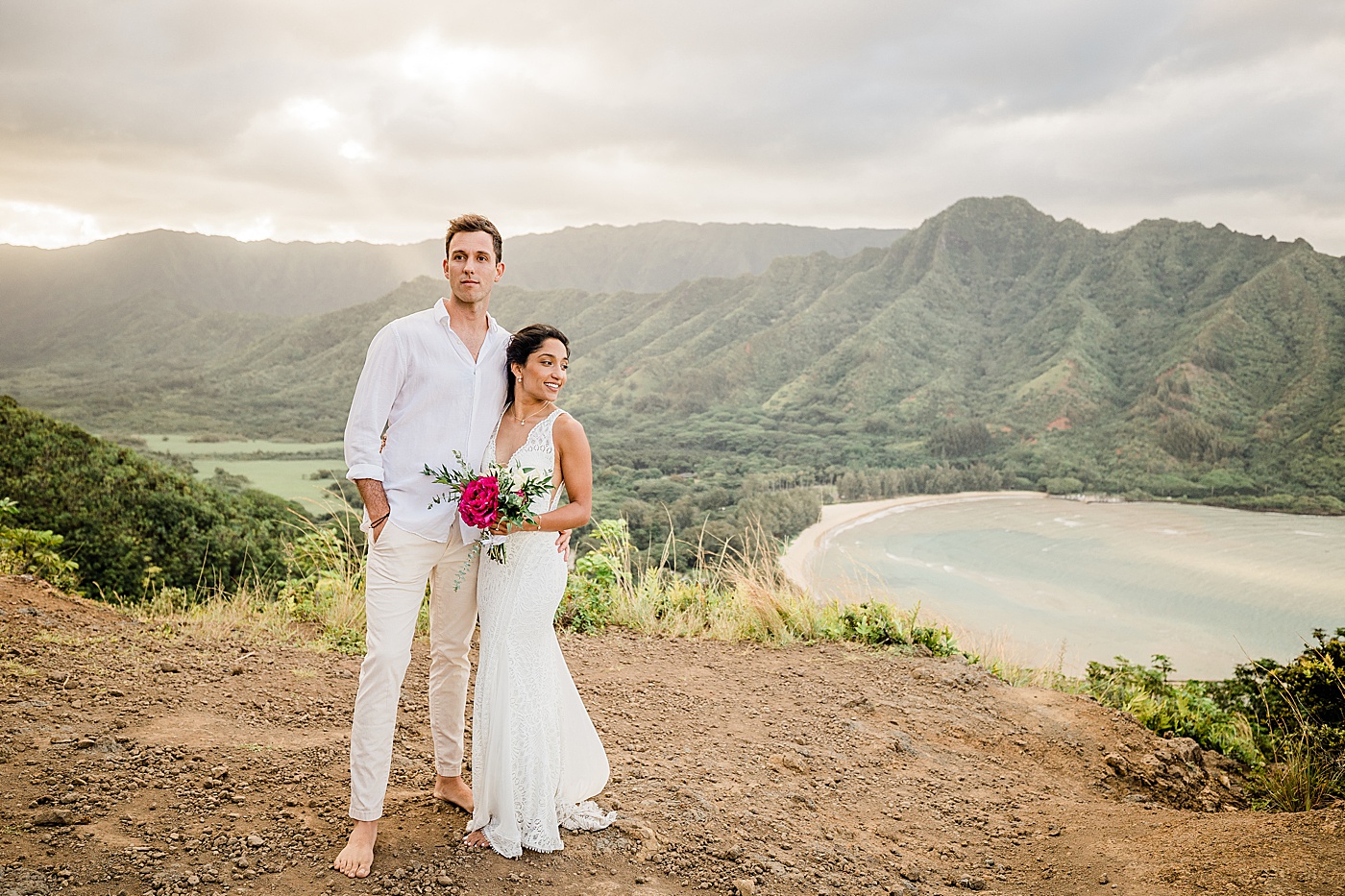 bride and groom during hawaii adventure ceremony on a hike