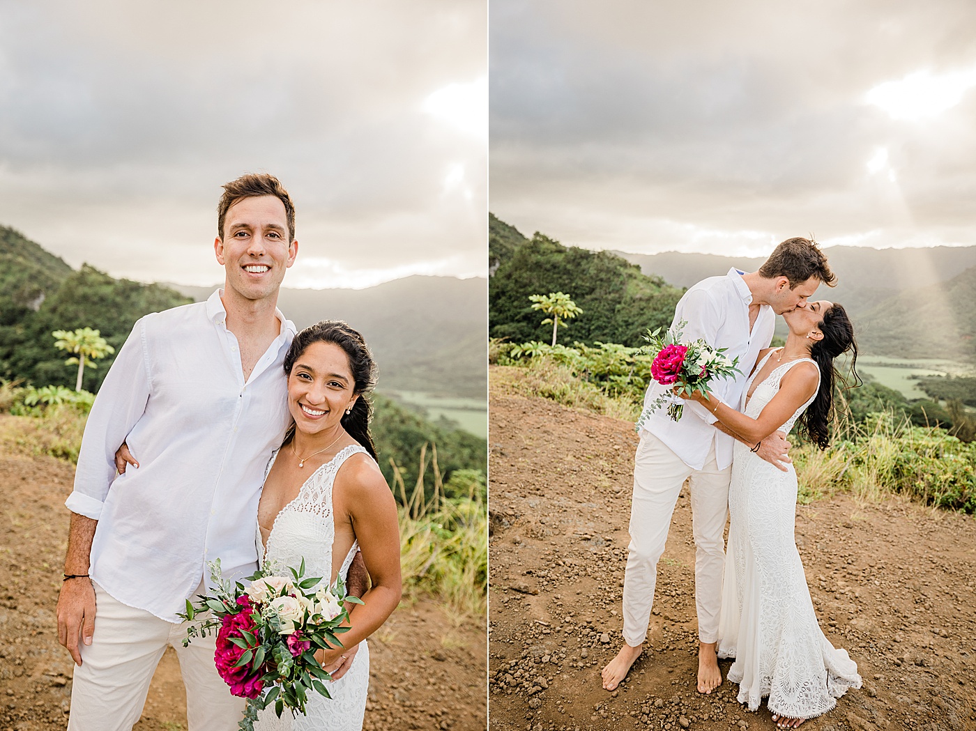 bride and groom during hawaii adventure ceremony on a hike