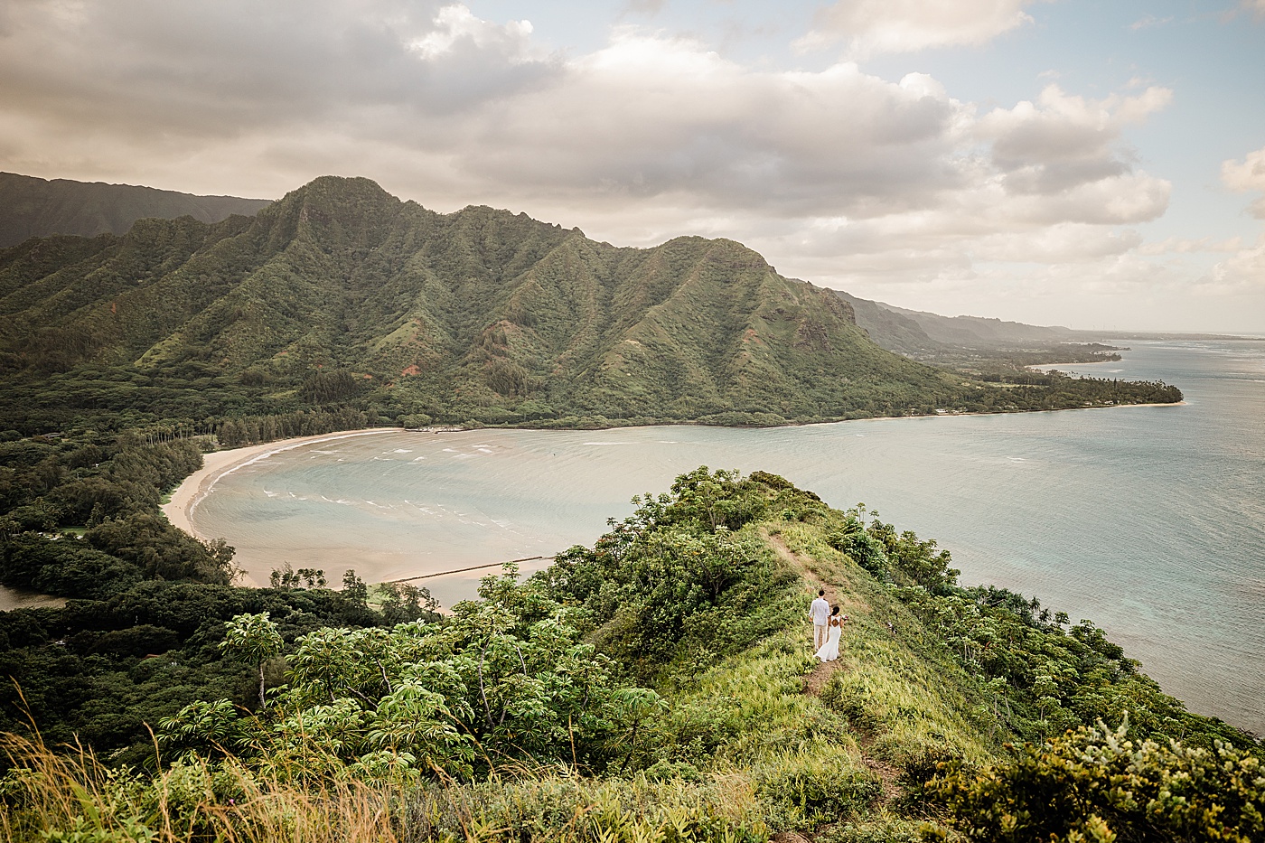 bride and groom during hawaii adventure ceremony on a hike