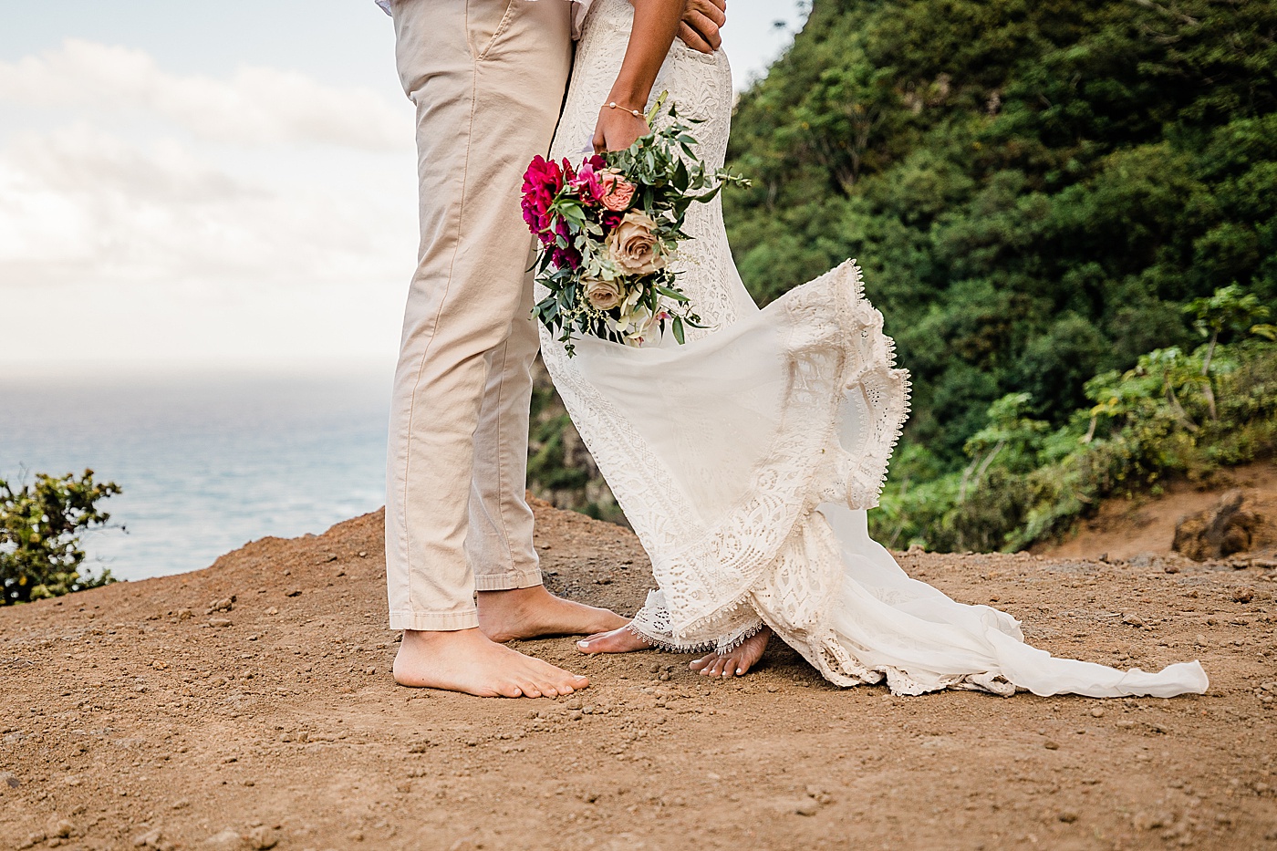 bride and groom during hawaii adventure ceremony on a hike