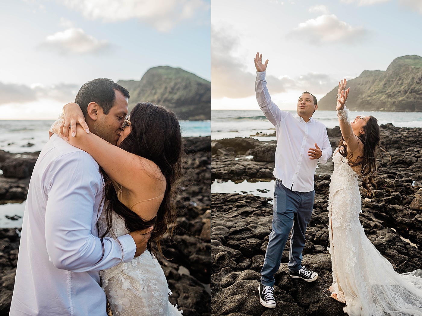 bride and groom celebrating after honolulu elopement ceremony