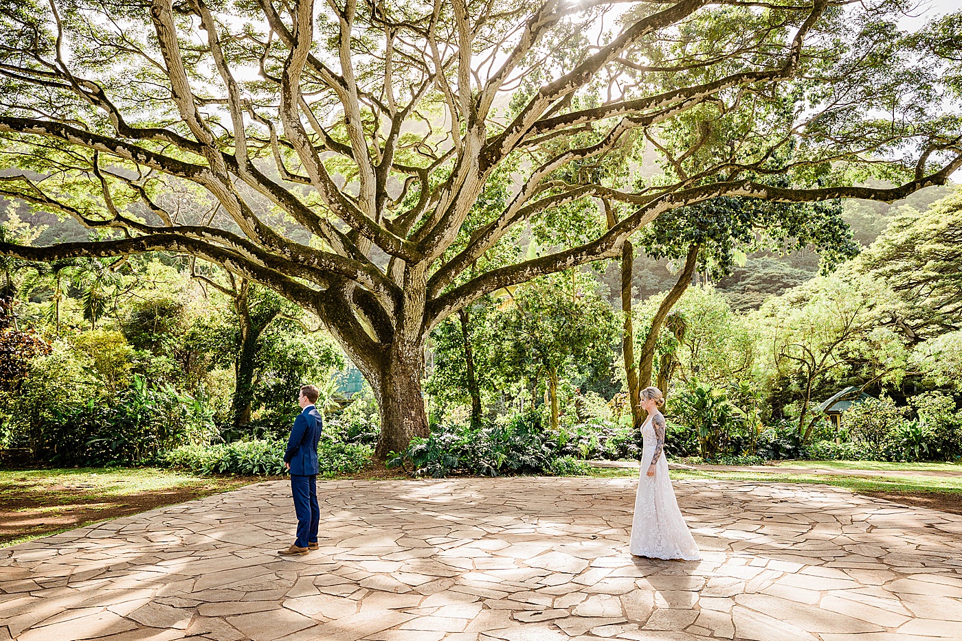 Bride and groom first look before Waimea Valley Wedding.