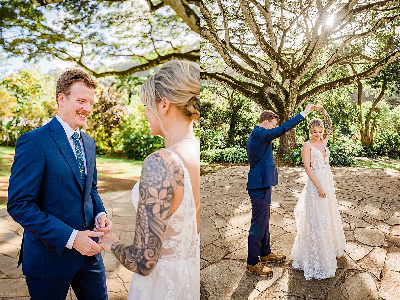 Bride and groom first look before Waimea Valley Wedding.