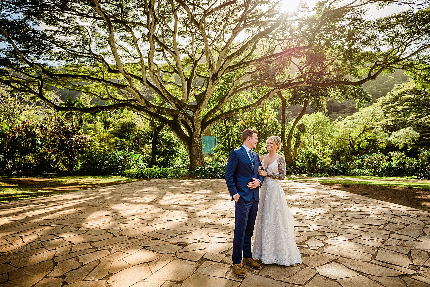 Bride and groom first look before Waimea Valley Wedding.