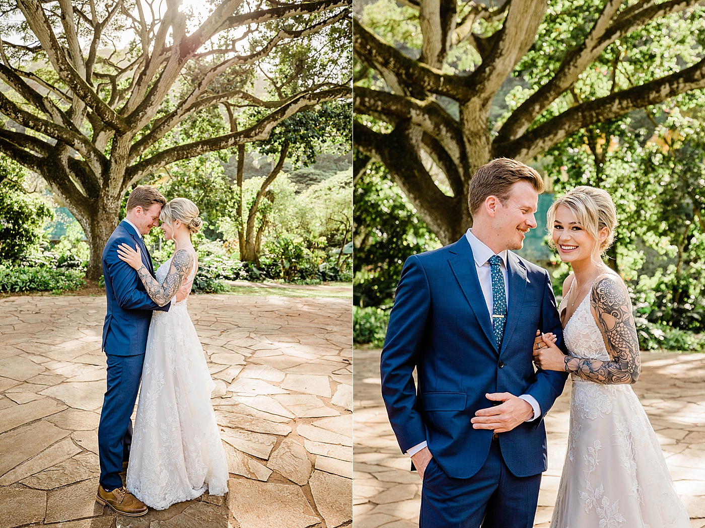 Bride and groom first look before Waimea Valley Wedding.