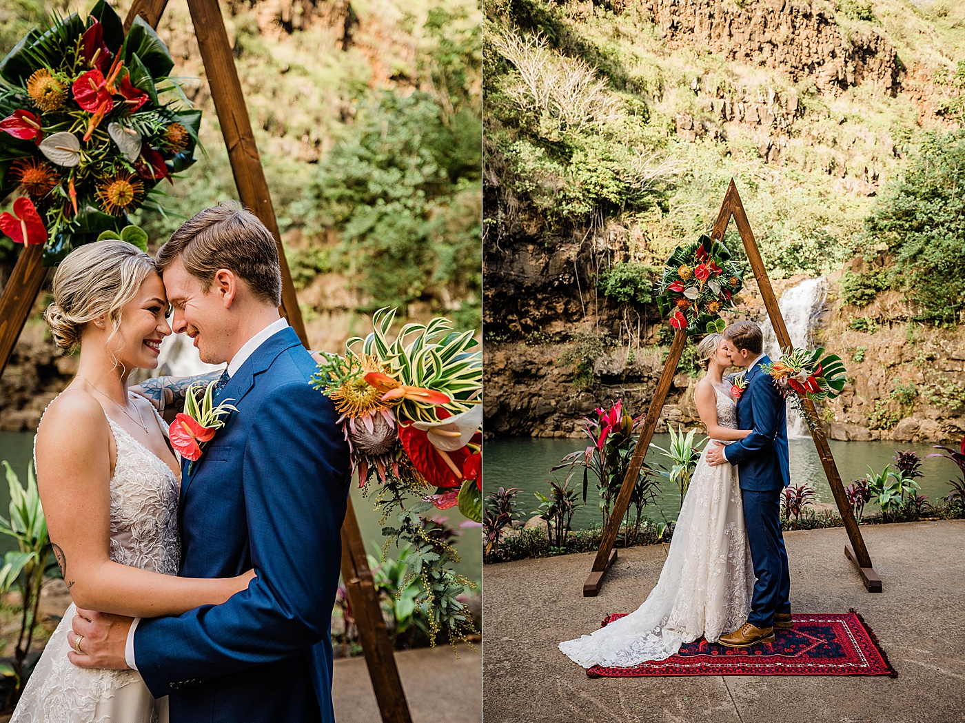 Bride and groom first kiss during Waimea Valley wedding ceremony.